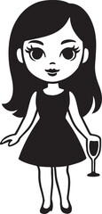 Charming cartoon girl in a black dress holding a wine glass, perfect for celebrations