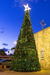 Giant Christmas tree at St Elias Cathedral of the Melkite Catholic decorated for Christmas in Haifa, Israel. Greek Orthodox Church
