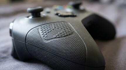 Close up shot highlights textured grip surface of modern black video game controller