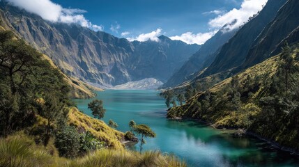 Mountain lake landscape with vibrant blue water and lush green terrain