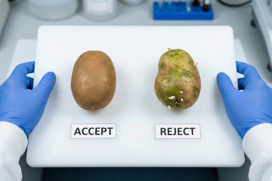 Comparative quality control inspection showing healthy potato labeled accept versus toxic green sprouted tuber labeled reject indicating solanine poisoning risk