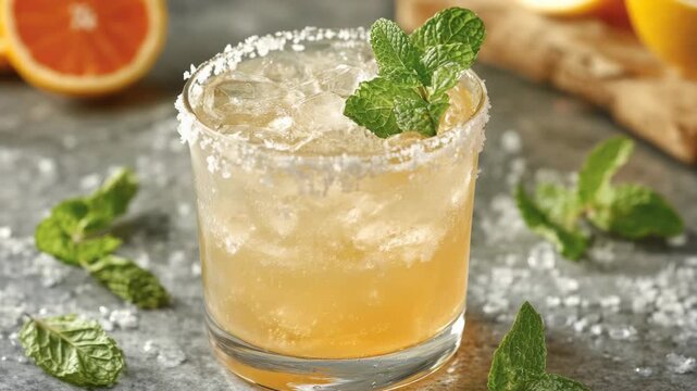 A tall glass of summery drink with lime, mint, and salt rim garnish set against a rustic counter backdrop.