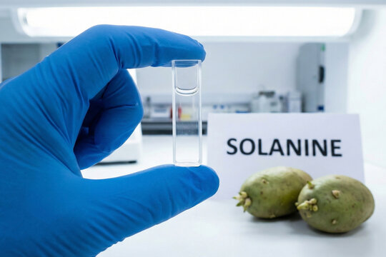Food scientist holding quartz spectrophotometer cuvette for solanine analysis in laboratory with green toxic sprouted potatoes in background