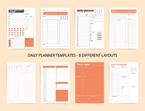 Daily planner templates bundle with 8 different layouts: schedule timetable, to do checklist, mood habit trackers, budget expenses, meals and water logs, notes. Minimal printable vector pages. - Powered by Adobe