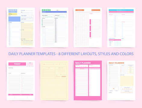 Daily planner templates bundle with 8 layouts, styles and colors: schedule time block, to do checklist, priorities, notes, mood weather and hydration trackers. Pastel minimal printable vector pages. - Powered by Adobe