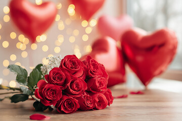 Fototapeta premium valentine's day background with a bouquet of red roses and heart-shaped balloons on the table, with copy space for text and bokeh lights. valentine's day concept. Background, mockup for Valentine’s da
