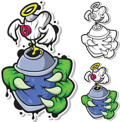 Graffiti Spray Paint Can Monster Character with Claw and Halo Vector Set