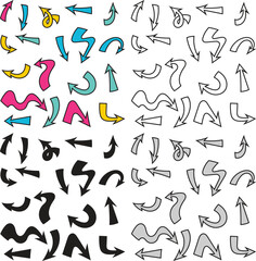 Hand Drawn Cartoon Arrows Vector Set - Colorful, Black, and Outline Collection