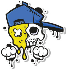 Urban Graffiti Skull Mascot with Yellow Drip and Blue Cap Vector Illustration
