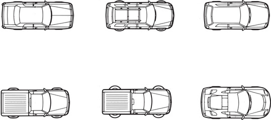 Top-down view of six distinct car types, showcasing a variety of vehicle designs and transportation options. 