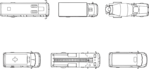 Top-down illustration of various vehicles for different purposes. This image evokes efficiency and utility.