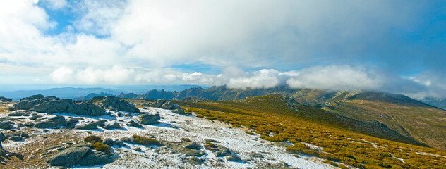 Panoramic High Mountain Landscape with Snow and Dramatic Clouds