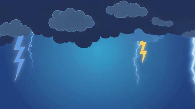 Animated depiction of a dramatic weather event, showcasing intense lightning bolts flashing across a foreboding night sky filled with heavy storm clouds