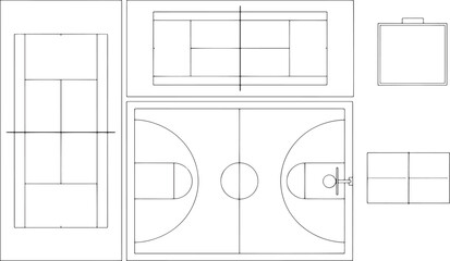 Architectural diagrams of various sports courts, including tennis, basketball, and an area. The clear lines and minimalist design provide a functional aesthetic.