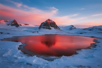 Snow-capped mountains reflected in a calm alpine lake at sunset with vibrant pink and orange sky