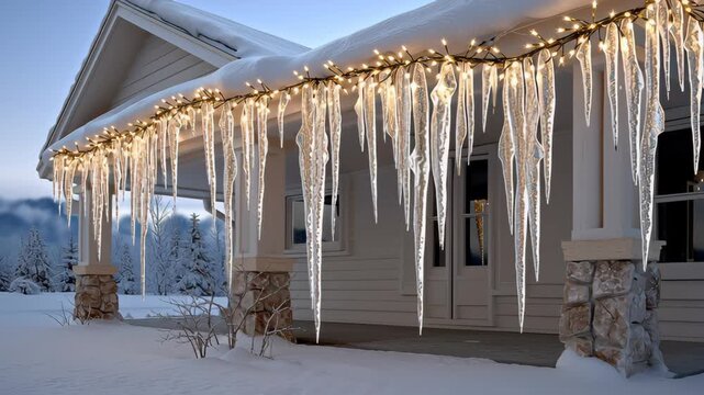 Winter home exterior adorned with glowing string lights and icicles hanging from the roof, showcasing a picturesque snowy landscape and inviting ambiance during the cold season