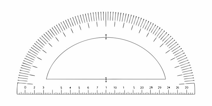 A detailed illustration of a protractor with markings and a ruler scale