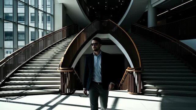 A professional man descends a stunning staircase in a modern office building, showcasing contemporary architecture and design.