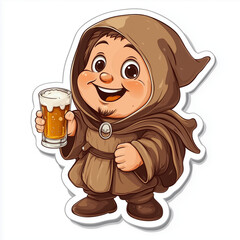 Cute little friar sticker with funny happy face holding a glass of beer