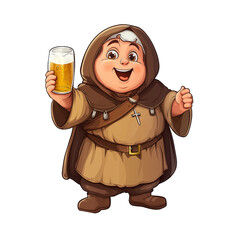 funny little chubby monk making a toast with a glass of fresh brewed beer on transparent background