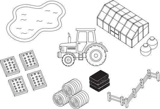 An isometric view agricultural farm set. composed of various elements related to farming, like a tractor, greenhouse, pond, hay bales, and fencing. designed in clean lines.