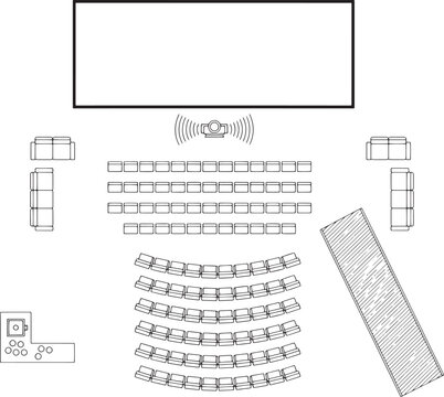 An illustrative top-down layout of a modern cinema or theater auditorium, showcasing rows of seating, a projector screen, and a stage or platform.