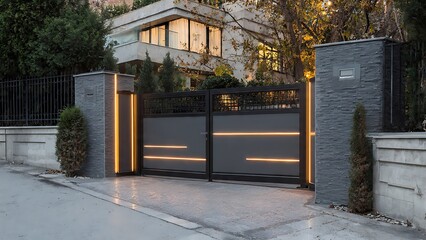 Modern Villa Entrance Gate with Integrated LED Strips and Stone Pillars