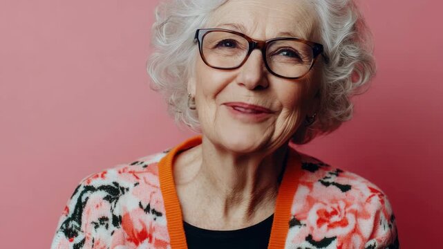 A smiling elderly woman wearing glasses and a patterned sweater against a pink background.
