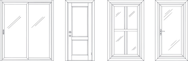 A collection of architectural doors, each reflecting distinct design aesthetics in a monochromatic rendering, showcasing their intricate details and structural integrity.