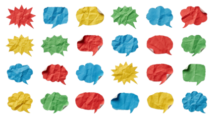 Collection of Crumpled Paper Speech Bubbles in Red, Yellow, Green, and Blue, Isolated on White