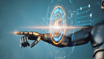 Sleek Robotic Hand Interacting with AI Symbol in Futuristic Digital Interface, Artificial Intelligence Innovation and High-Tech Blue Background