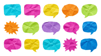 Set of Colorful Crumpled Paper Texture Speech Bubbles and Chat Boxes Isolated