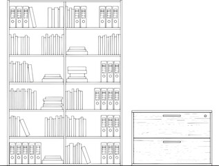 A comprehensive architectural drawing depicts a full-height bookshelf alongside a matching two-drawer cabinet. The minimalistic design emphasizes functionality and storage.