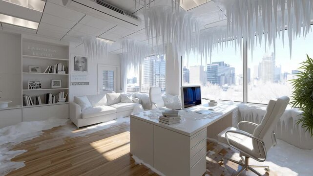 Office space undergoing winter transformation with ice formations and snow accumulation on furniture and floors, showcasing a unique blend of modern design and seasonal elements in a bright environmen