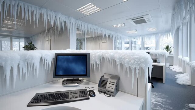 Office environment transformed by ice and frost with icicles hanging from ceilings and surfaces creating a surreal winter landscape in a modern workspace showcasing unique visual elements