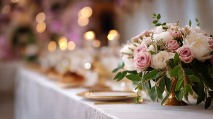 Wedding decoration display heavily defocused celebration background elegant event styling matrimonial table arrangement special occasion décor with copy space