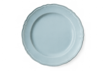 Light blue ceramic dinner plate with scalloped edge isolated on transparent background, top view porcelain