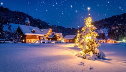 Fototapeta premium Outdoor Christmas tree glowing at night in snowy landscape with starry sky and festive ambiance.