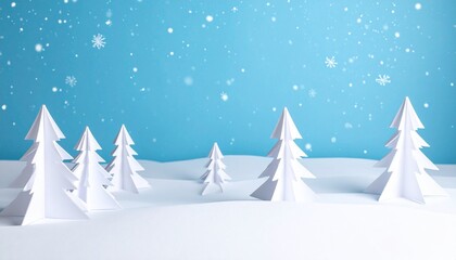 Stylized winter forest with paper-cut trees, falling snowflakes, and layered snowy ground under blue sky.
