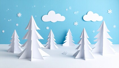 Stylized winter forest with paper-cut trees, falling snowflakes, and layered snowy ground under blue sky.