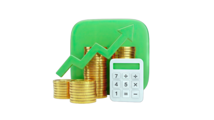 Financial Growth Concept: Coins, Calculator, and Arrow