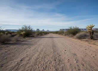 A long dirt road winding through the vast sunlit desert landscape