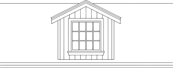A detailed line art depiction of a classic gable window, complete with a paneled wall, evoking a sense of structure. 