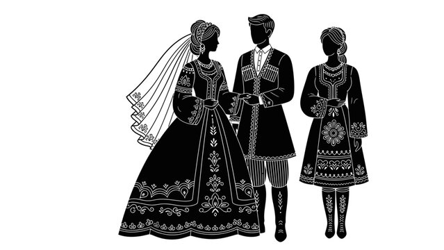 Traditional Caucasian Folk Art Family Silhouette Vector with Bride Groom and Woman in Ethnic Georgian or Circassian Costume