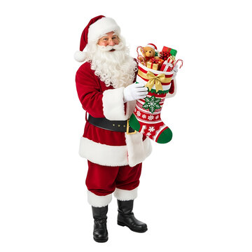 Santa Claus holding a festive Christmas stocking filled with gifts