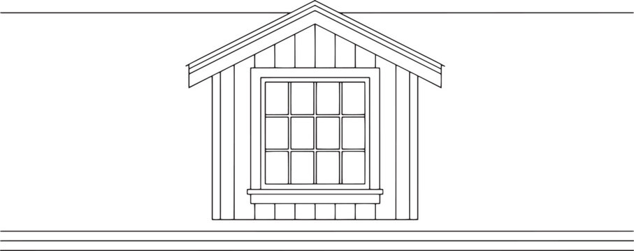 A detailed line art depiction of a classic gable window, complete with a paneled wall, evoking a sense of structure. 