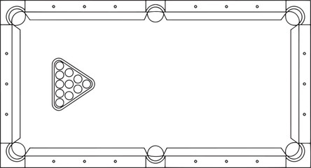 An overhead, outline diagram of a pool table with the rack of balls arranged ready for the break. A simple, clean, minimalist design with strong lines and clear details. 
