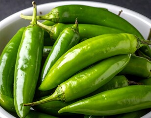 A close-up shot of vibrant green chili peppers in a white bowl