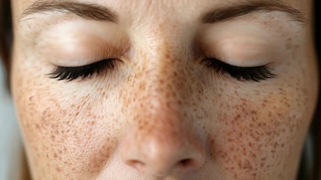 A human face with the eyes closed and skin showing freckles or age spots.