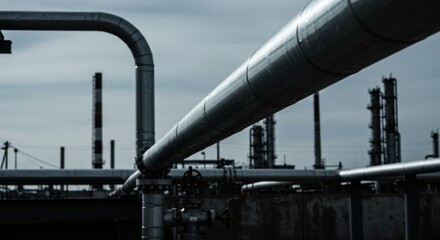 Fototapeta premium Large industrial pipeline network on an overcast day. Oil refinery plant or chemical factory. System for gas, water, fuel transport.